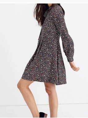 Madewell Balsam Starry Black Silk Tie-Neck Long-Sleeve Swing Dress